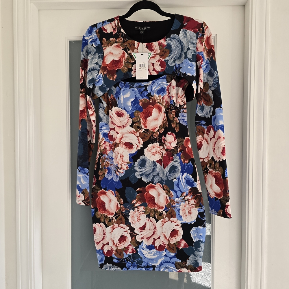 Guess Floral Long-Sleeve Bodycon Dress - Blue/Red/Pink